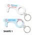 A white and blue "Covid Key" keyring tool, featuring a loop for attachment and a medical centre logo.