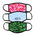 Three non-medical fabric face masks in pink with lobsters, light blue with leaves, and green with a leopard print design.