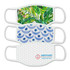 Three fabric face masks in various patterns: tropical leaves, blue waves, and a geometric design. One features a logo.