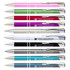 A collection of metal pens in various colours including pink, green, red, silver, blue, black, and white, each featuring a logo.