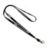 A black screen-printed lanyard featuring a metal clip for attaching items and a branded logo.