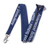 A navy blue lanyard with screen printing and a clip attachment, featuring a logo.