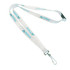 A white lanyard with screen-printed branding and a metal clip for attachment.
