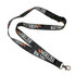 A black lanyard with a logo, featuring dye sublimation printed designs in a repeating pattern.