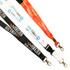 Three lanyards in black, white, and various colours, featuring branding and clips for attachment.