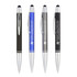 Four stylus pens in black, blue, silver, and black with chrome accents, each featuring a branding logo.