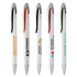 Five plastic pens in white with assorted coloured accents and clips, each featuring a logo or branding on the barrel.