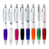 A selection of Allegra white plastic pens featuring various coloured grips and clip accents, along with branding.