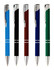 A collection of five rubber-coated pens in blue, black, brown, blue, and green, featuring chrome accents and a logo.