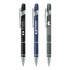 Aversa Metal Pens in black, navy, and grey with chrome accents and branding on each pen.