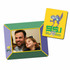A magnetic photo frame featuring a green and purple design, holding a photo of a man and girl, alongside a branded card.