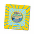 A square magnetic photo frame featuring a circular centre with a logo, set against a bright yellow and blue swirled background.