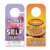 A pair of door hangers featuring a COVID-19 isolation message and a pizza delivery advertisement, in purple and orange colours.