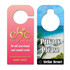 Two door hangers: one pink with gold logo and text for a salon, the other featuring a beach scene with a privacy message.