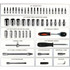 A mechanic socket set featuring various chrome sockets, a ratchet handle, and extension bars, all in a sleek layout.