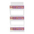 A clear acrylic display stand with three levels, featuring vibrant, eye-catching graphics and a logo.