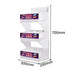 A clear acrylic display stand with three levels, measuring 700mm tall, 300mm wide, and 200mm deep.