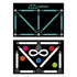 A football training mat featuring various coloured markers and directional arrows on a black background, with a logo.