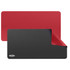 A PU leather desk mat in red and black, featuring a logo on one corner and a smooth surface.