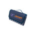 A large picnic blanket in navy blue with a checkered pattern and a logo. It features a foldable design with a handle.