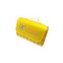 A medium picnic blanket in yellow and checkered pattern, featuring a logo on one side. It folds neatly for storage.