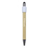 A bamboo spinner pen in natural wood and black, featuring a white grip and branding.