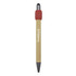 A bamboo rollerball pen with a red cap and black tip, featuring branding on the barrel.