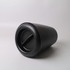 A black ice bucket with a sleek design, featuring a side opening and curved shape. It has a branding logo.