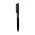 A black ballpoint pen with a clip and a logo on its side.