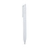 A sleek white ballpoint pen featuring a clip and a simple design, with a branding logo visible.