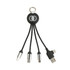 A round, black light-up multi charging cable with several detachable connectors and a keyring attachment.