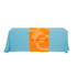 A large table runner in orange and blue, featuring a logo on the centre section.