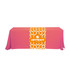 A large table runner in vibrant pink with an abstract orange and white design, featuring a logo at the centre.