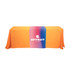An orange table runner with a gradient centre featuring a logo. Suitable for displaying on a table at an event.