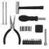 A padlock-shaped toolkit featuring silver tools, black pliers, and various screws and bits arranged neatly.