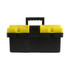 A black tool box with a yellow lid and handle, featuring compartments on the top. It has a locking mechanism.