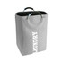 A grey laundry basket with a handle, featuring the word "LAUNDRY" printed on one side.
