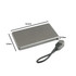 A grey 5000mAh aluminum power bank with a detachable charging cable and a logo. Dimensions are indicated.