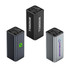 A collection of three power banks in black, silver, and dark grey, featuring digital displays and various logos.