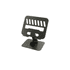 A foldable metal tablet stand in black, featuring a sturdy base and adjustable holder for devices.