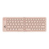 A wireless foldable keyboard in a light pink colour with a compact design and a logo on the side.
