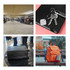 A collection of four images featuring a parking garage, keys attached to a locator tag, a silver suitcase, and an orange backpack.