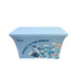 A light blue stretch table cover with a zipper, featuring travel-themed graphics and a logo.