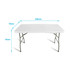 A white rectangular table with dimensions 240cm x 75cm and folding metal legs. It features a logo on one side.