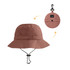 A foldable bucket hat in a dusty rose colour, featuring a chin strap and snap closure for compact storage.