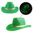 A green light-up sequin cowboy hat with mesh details and a white band, featuring a logo.