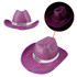 A pink sequin cowboy hat with an illuminated outline, featuring a logo on the front.