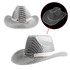 A light-up sequin cowboy hat in silver with a decorative band and a logo.
