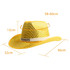 A yellow sequin cowboy hat with a white band, featuring dimensions of 58-60cm, 12cm, 32cm, and 36cm. It has a logo.