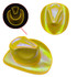 A yellow light-up cowboy hat with a shiny finish, featuring a prominent brim and a sleek design.